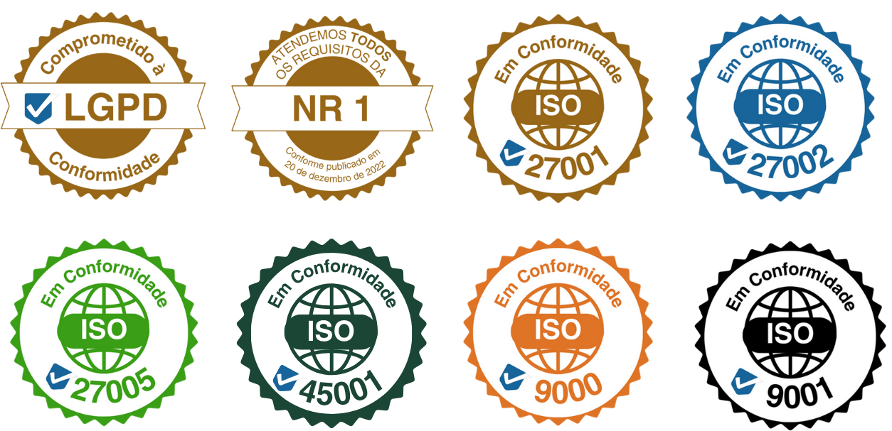 Selos de conformidade LGPD, NR-1 e normas ISO